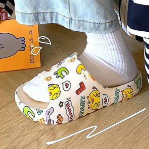 Women Men Summer Slippers Beach Slides Sandals Cartoon Flip Flops Thick Soled Boys Girls Couples Bathroom Shoes Non-Slip Quick Drying Soft Massage Slides Comfortable Lightweight Open Toe Pool Spa Sandals