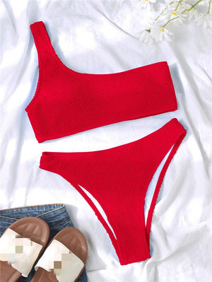 Women One-Shoulder Bikini Swimsuit Women Push Up Swimwear Women's Bathing Suit Comfortable Bikini Ribbed Two Piece Swimsuit Bikini Set Summer Bathing Suit Beach Wear Swimming Suit