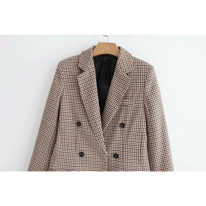 Women's Fashionable Office Wear Double Breasted Plaid Blazer Coat Vintage Long Sleeve Pockets Female Outerwear Chic Tops