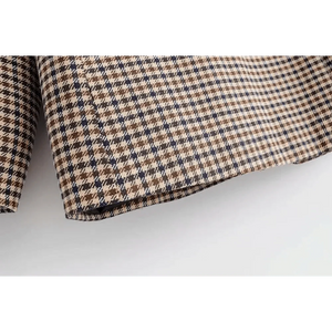 Women's Fashionable Office Wear Double Breasted Plaid Blazer Coat Vintage Long Sleeve Pockets Female Outerwear Chic Tops