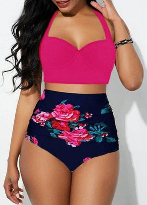 Women's Push Up Padded Bra Bikini Set Women Vintage Tropical Print Swimsuit Retro Halter High Waist Bikinis Bra Set Swimwear Two Piece Bathing Suit High Waist Swimsuit Floral Bathing Suit Swimwear Summer Bathing Suit Beachwear