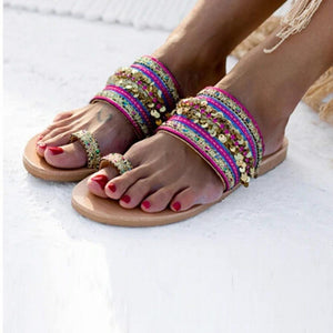 Women Sandals Flip-Flops Handmade Style Flip Flop Sandals Streetwear Fashion Shoes Women Flat Clip Toe Casual Floral Beach Flip Flop Comfy Shoes Summer Elegant Toe Ring Sandals