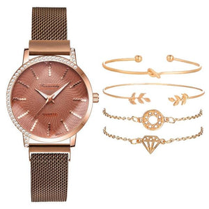 Women Watches New Luxury Fashion Quartz Ladies Watch Clock Rose Gold Diamond Dial Dress Casual Wristwatch Quartz Movement Girls Ladies Wristwatch Big Face Mesh Belt Watch And Bracelet Set