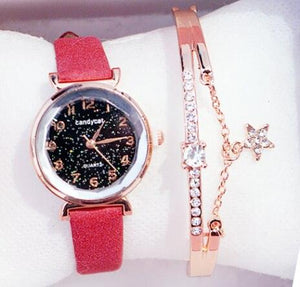 Women Watches Starry Sky Bracelet Set Watch Casual Leather Quartz Wristwatch Fashion Leather Strap Dress Analogy Display Classic Romantic With Jewelry Bracelet Set