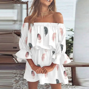 Women's 3/4 Length Sleeve Floral Ruffle Summer Spring Off Shoulder Dress