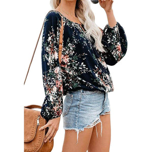 Women's Casual Boho Floral Print V Neck Long Sleeve Shirts Tops