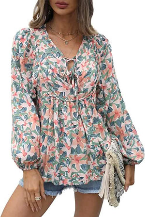 Women's Casual Boho Floral Print V Neck Long Sleeve Top