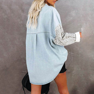 Womens Contrast Leopard Denim Jacket Long Sleeve Button Down Shirts