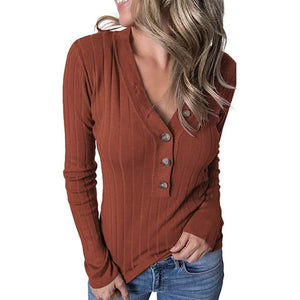 Women's Long Sleeve V Neck Ribbed Button Knit Sweater