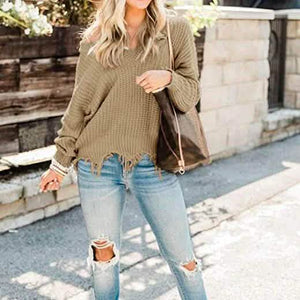 Women's Loose Knitted Sweater Long Sleeve V-Neck Ripped Pullover Sweaters Crop Top Knit Jumper