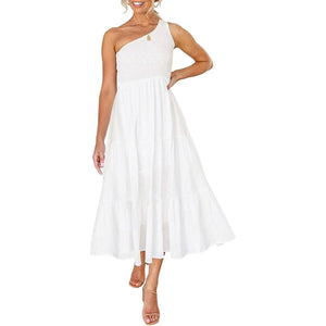 Womens One Shoulder Sleeveless Smocked Ruffle Tiered Beach Long Midi Dress