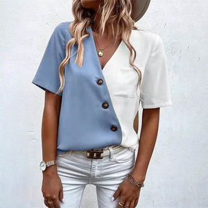 Women's Pocket Button V-Neck Short Sleeve Shirt