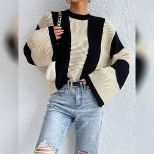 Women's Pullover Ribbed Knit Patchwork Striped Sweater
