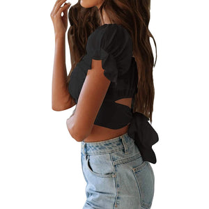 Women's Ruffle Short Sleeve Tie Shirt