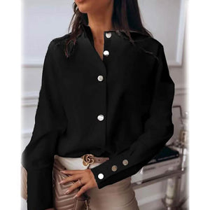 Women's Solid Colored Long Sleeve Button Standing Collar Basic Tops