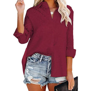 Women's V Neck Satin Embossed Roll Up Cuff Button Shirt Top