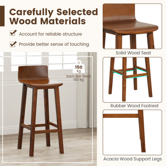 29 Inch Wood Bar Stools Set of 2 with Solid Back and Seat-Walnut