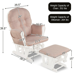 Wood Glider and Ottoman Set with Padded Armrests and Detachable Cushion-Pink
