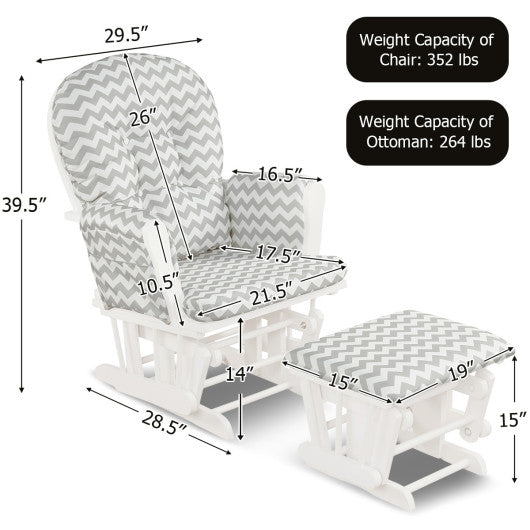 Wood Glider and Ottoman Set with Padded Armrests and Detachable Cushion-Gray and White