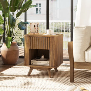 Mid-century Wood Nightstand with Drawer and Open Shelf-Walnut