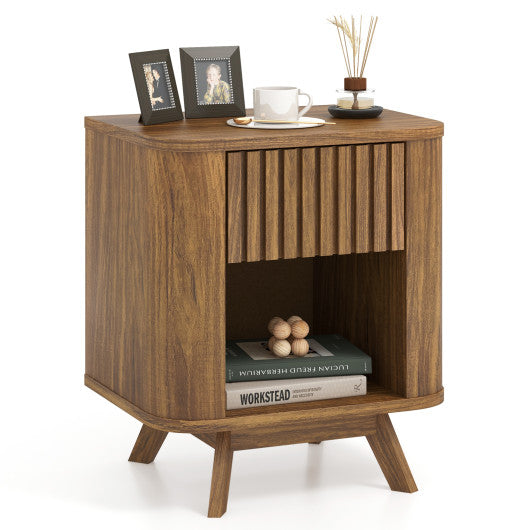 Mid-century Wood Nightstand with Drawer and Open Shelf-Walnut