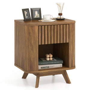 Mid-century Wood Nightstand with Drawer and Open Shelf-Walnut