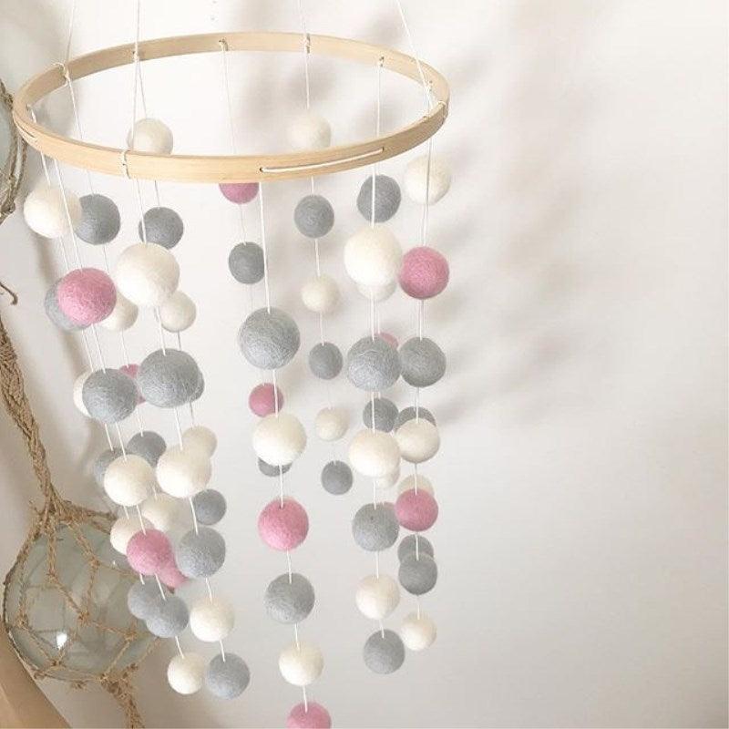 Wooden Ring With Felt Balls Wind Chimes Newborn Baby Bed Bell Pendant Kids Room Decoration Wooden Wind Chime Bed Bell Nursery Mobile Crib Bed Bell Wall Hanging Ornament