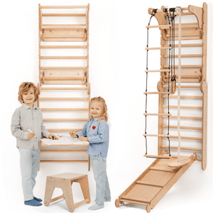 Wooden Swedish Wall / Climbing ladder for Children + Swing Set + Slide Board + Art Add-on