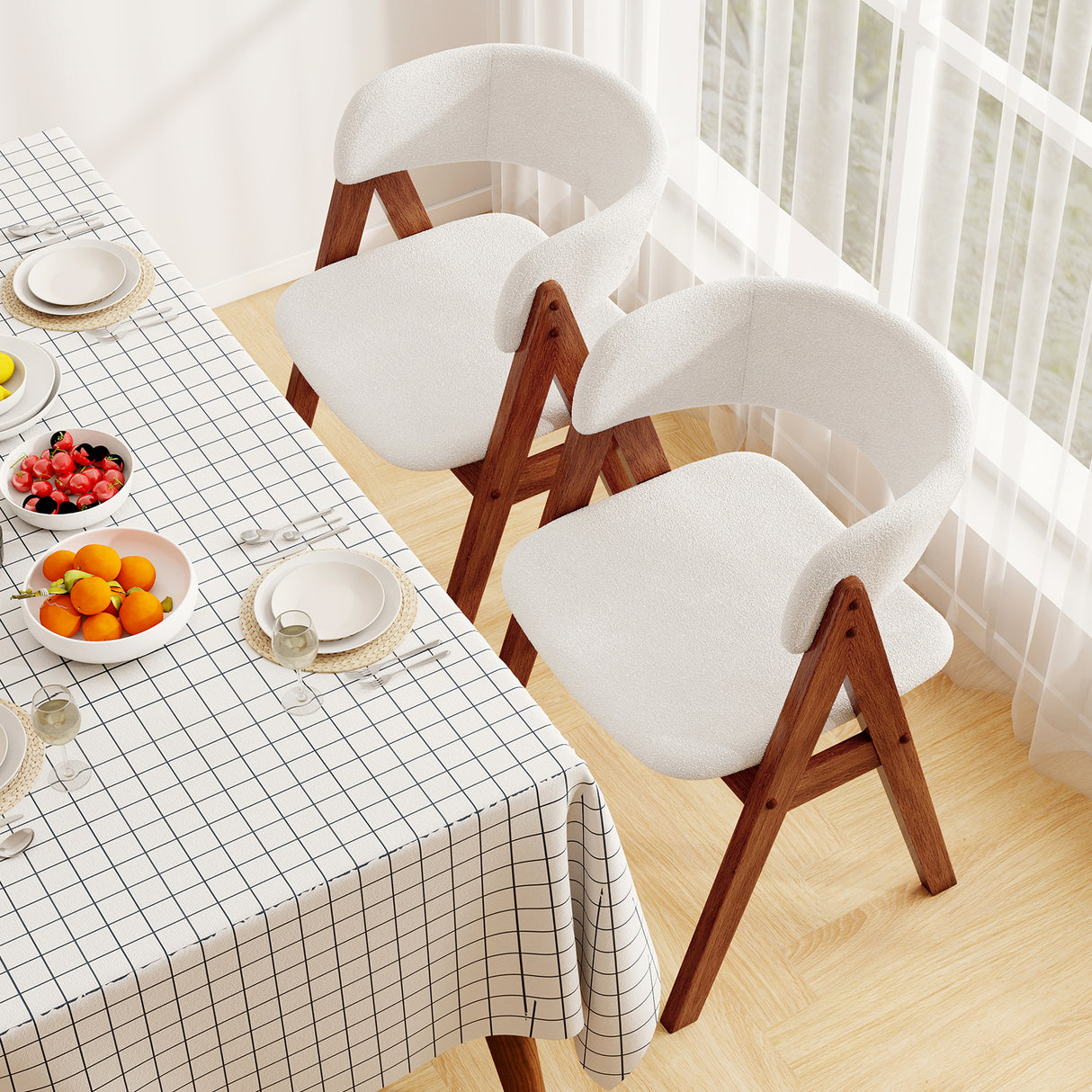 Wooden Dining Chair Set of 4 Mid-Century Modern Sherpa Upholstered Kitchen Dining Room Chairs-Walnut