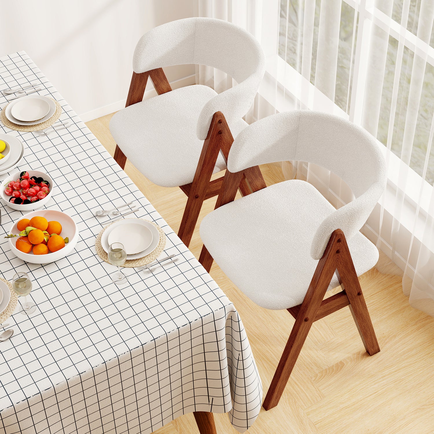 Wooden Dining Chair Set of 4 Mid-Century Modern Sherpa Upholstered Kitchen Dining Room Chairs-Walnut