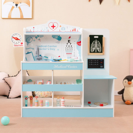 Wooden Doctor Playset with Stethoscope for Toddlers over 3 Years Old-Blue