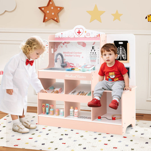 Wooden Doctor Playset with Stethoscope for Toddlers over 3 Years Old-Pink