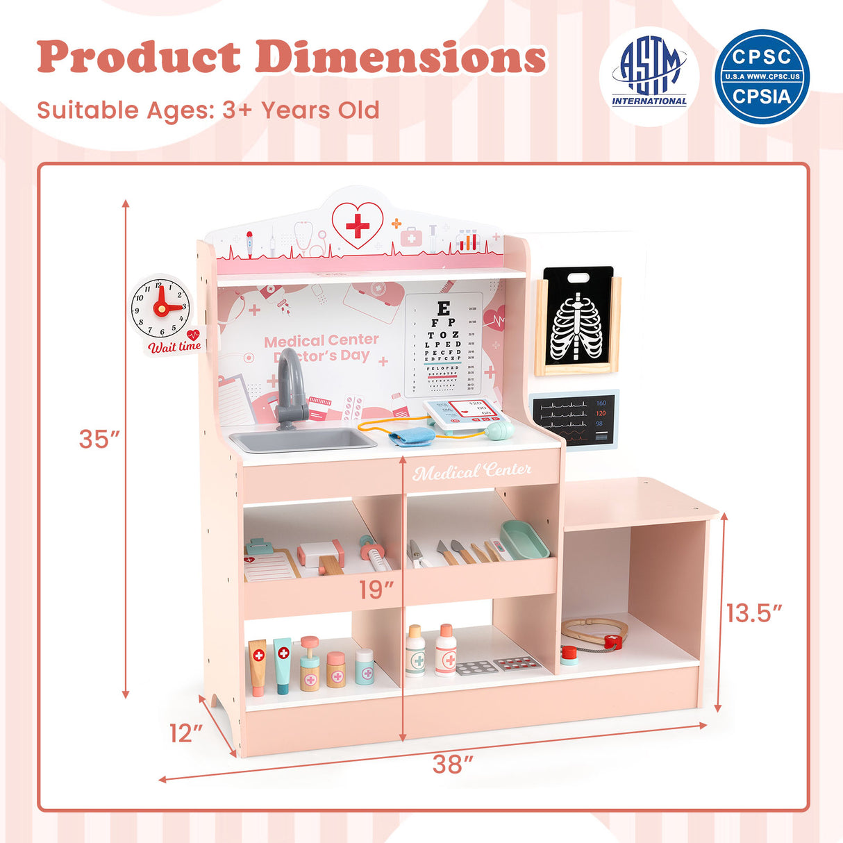 Wooden Doctor Playset with Stethoscope for Toddlers over 3 Years Old-Pink