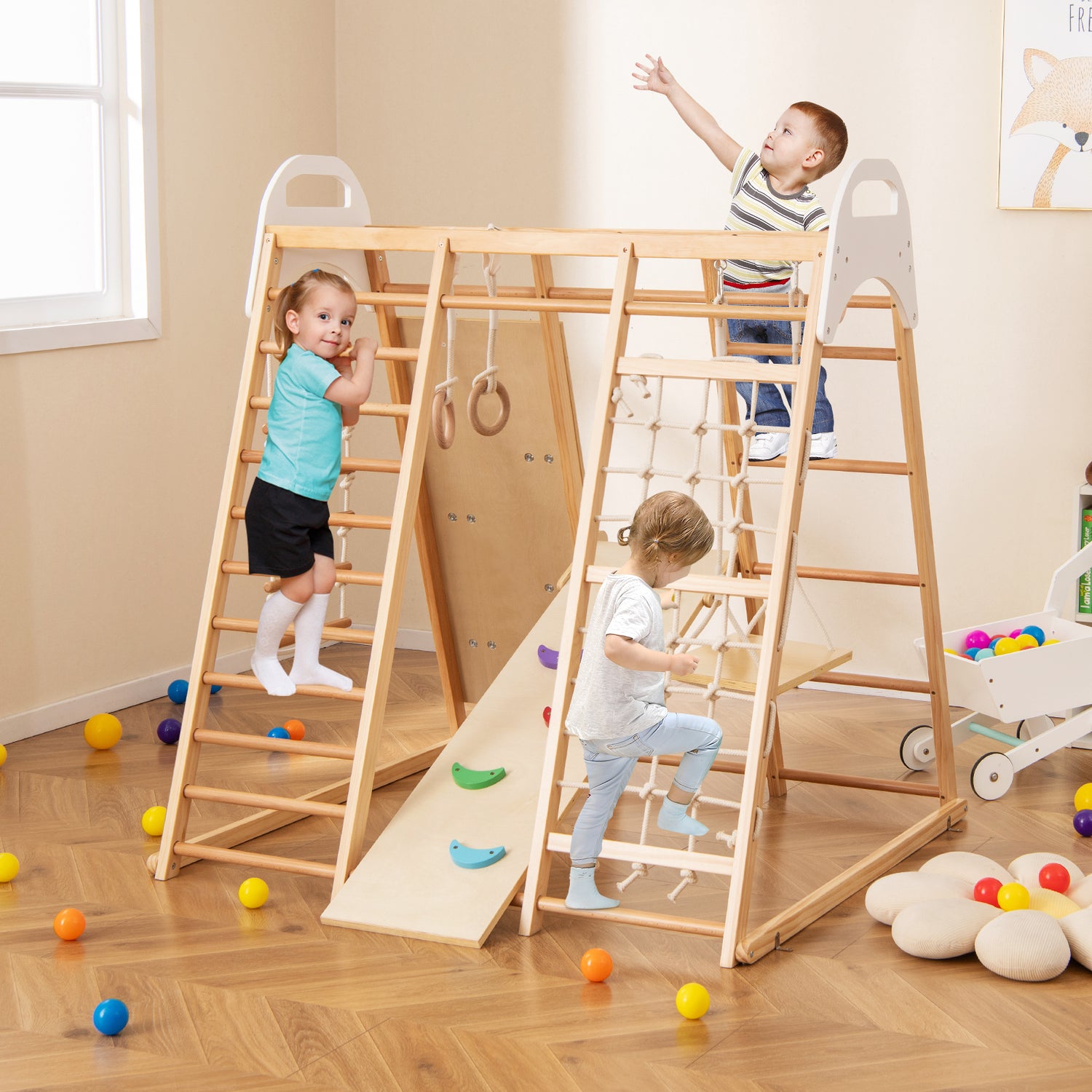 8-in-1 Wooden Jungle Gym Playset with Slide and Monkey Bars-Natural