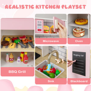 Wooden Pretend Play Kitchen with Ice Maker Range Hood and Blackboard-Pink
