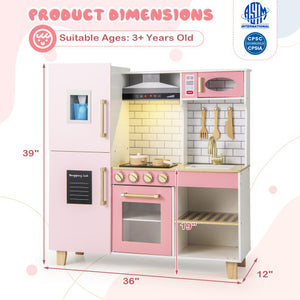 Wooden Pretend Play Kitchen with Ice Maker Range Hood and Blackboard-Pink
