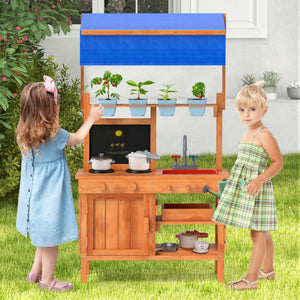 Wooden Pretend Play Kitchen with Height Adjustable Canopy for Kids-Natural