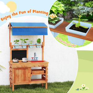 Wooden Pretend Play Kitchen with Height Adjustable Canopy for Kids-Natural