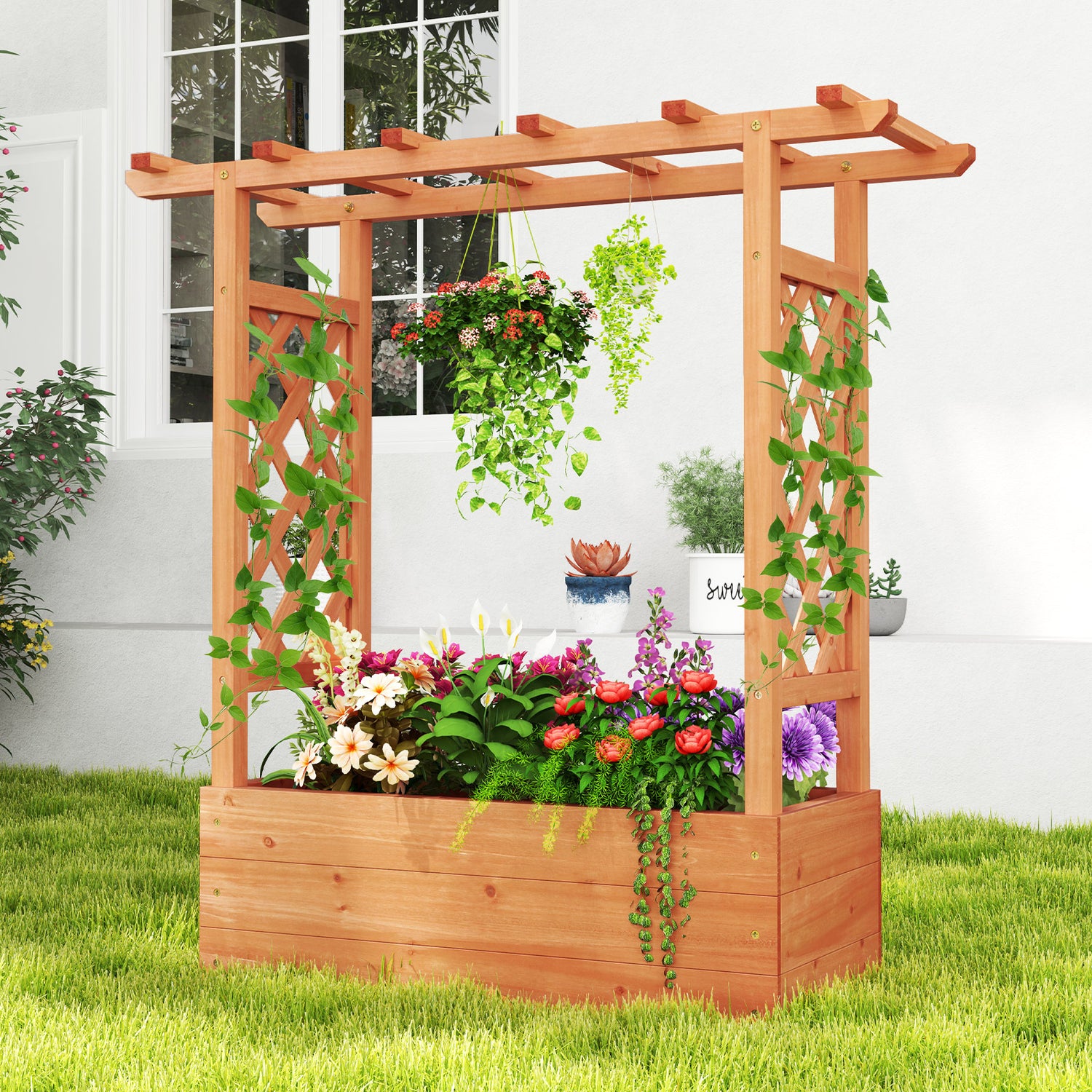 Patent Pending Wooden Raised Garden Bed with Trellis and Hanging Roof-Orange