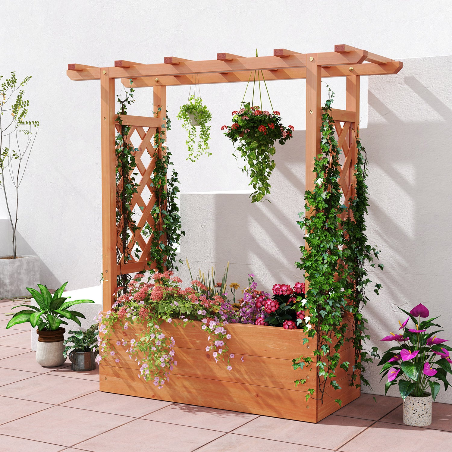 Patent Pending Wooden Raised Garden Bed with Trellis and Hanging Roof-Orange