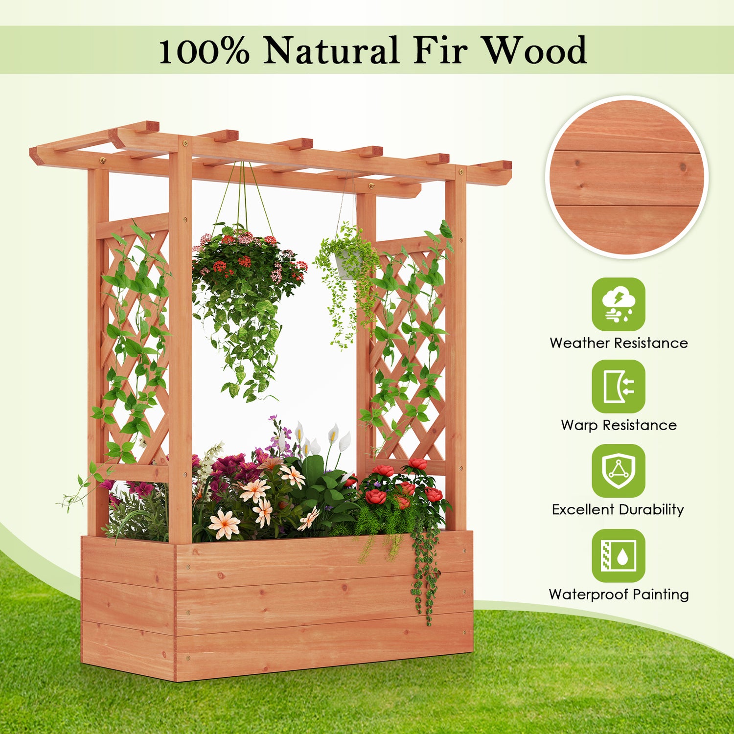Patent Pending Wooden Raised Garden Bed with Trellis and Hanging Roof-Orange