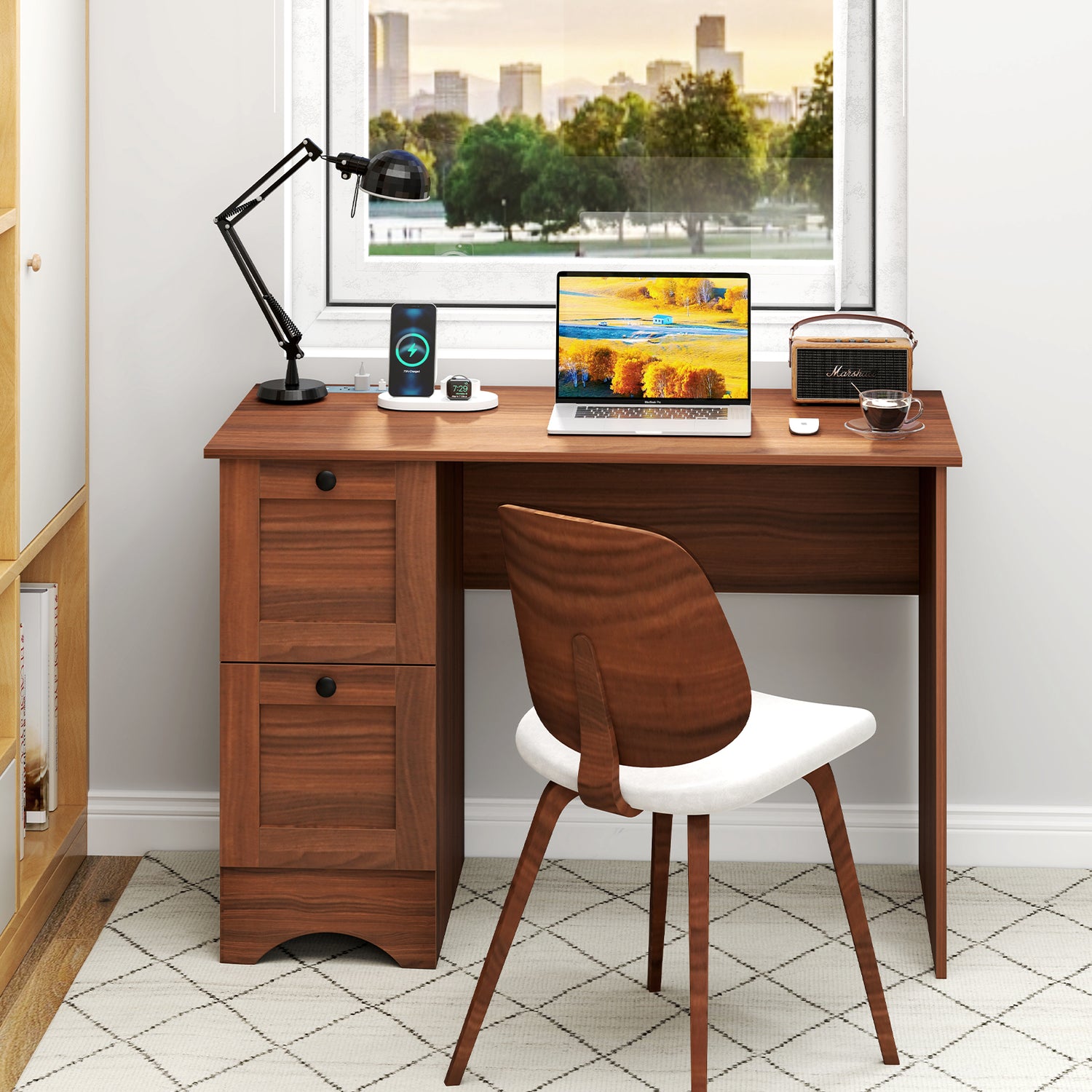 Wooden Vintage Computer Desk with 2 Drawers for Home and Office-Walnut
