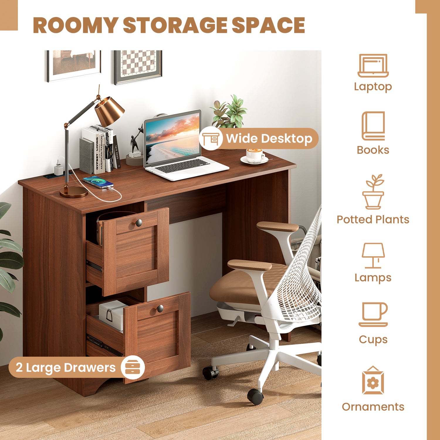 Wooden Vintage Computer Desk with 2 Drawers for Home and Office-Walnut