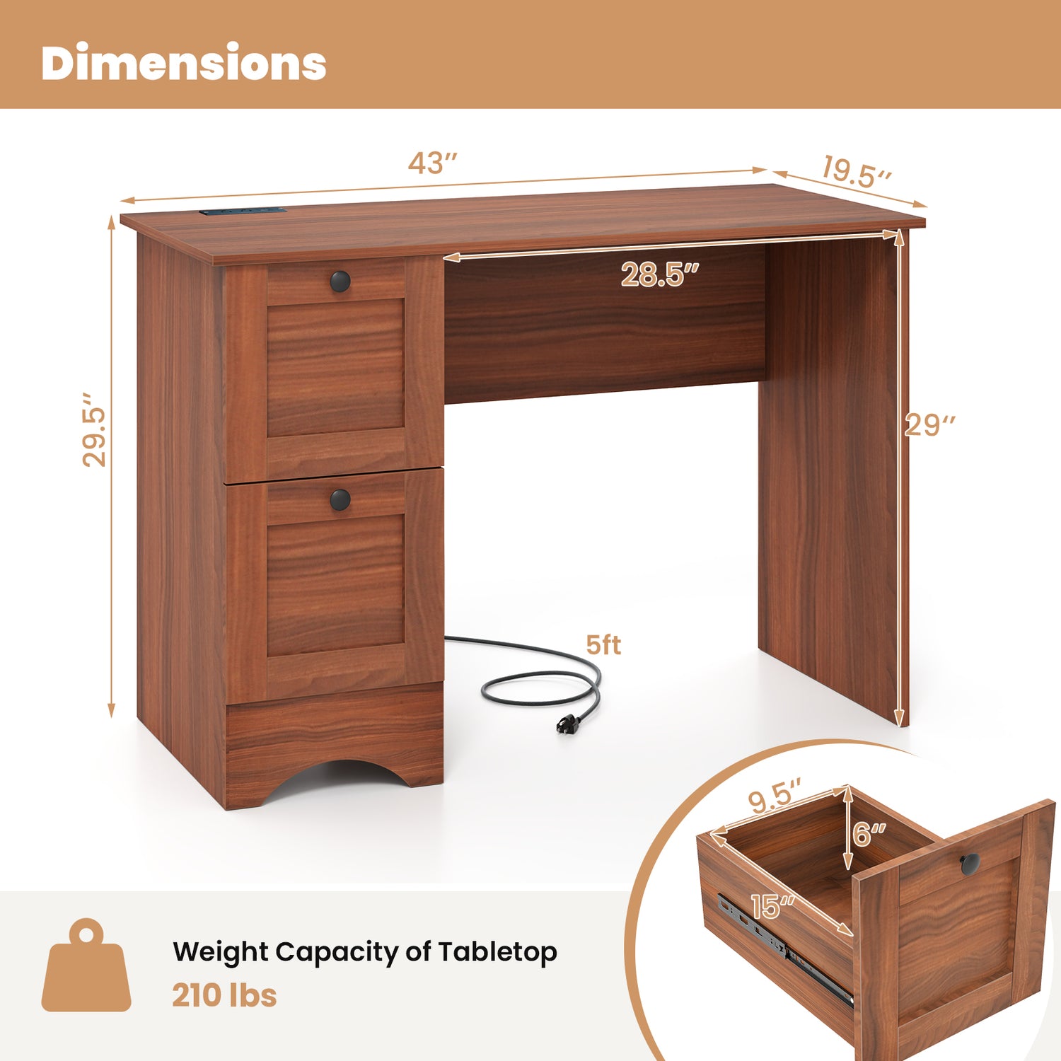 Wooden Vintage Computer Desk with 2 Drawers for Home and Office-Walnut