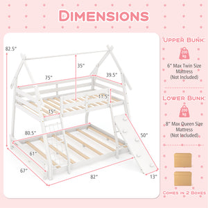 Twin Over Queen Bunk Bed Wooden Kids Bed with Climbing Nets and Ramp-White
