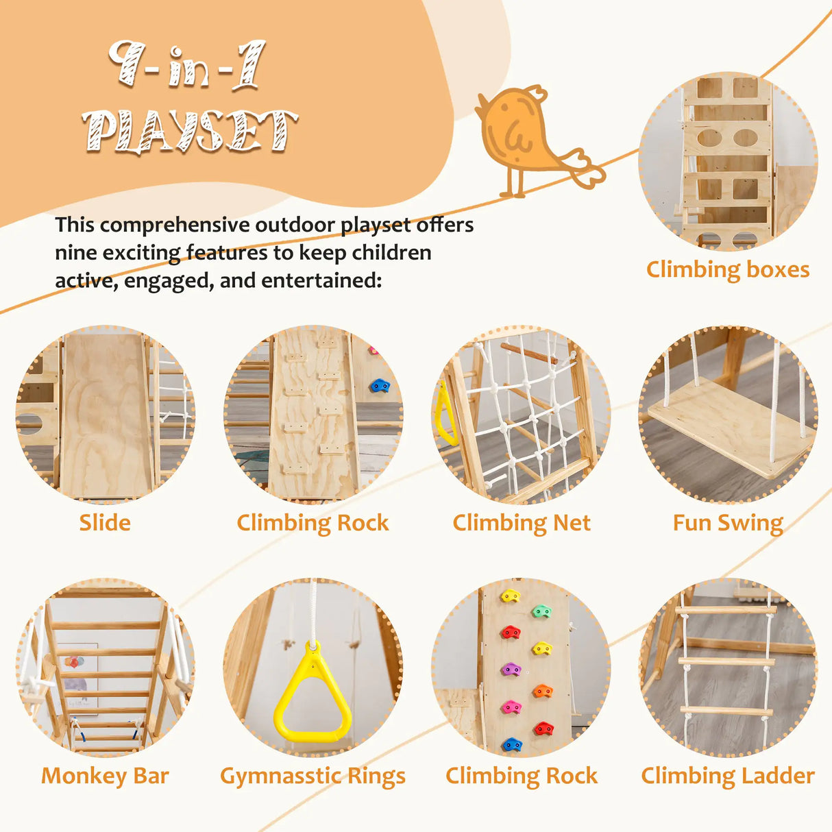 Toddler Indoor Wooden Gym 8-in-1 Indoor Playground Climbing Playset