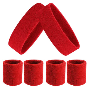 ASTER 6Pieces Red Sweatband Set Sports Headband Wristband Set Including 2Pcs Sports Headband and 4Pcs Sweat Wristband Moisture Wicking Absorbing Red Sweat Band for Men and Women