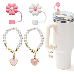 LUHOHI 4pcs Charms for Stanley Cup，Pearl Chain Accessories Stanley Cup Initial Letter Charms for Handle with 2pcs straw covers Stuff Decor Water Bottle Jewelry Tumbler Personalized Decorations ID Q