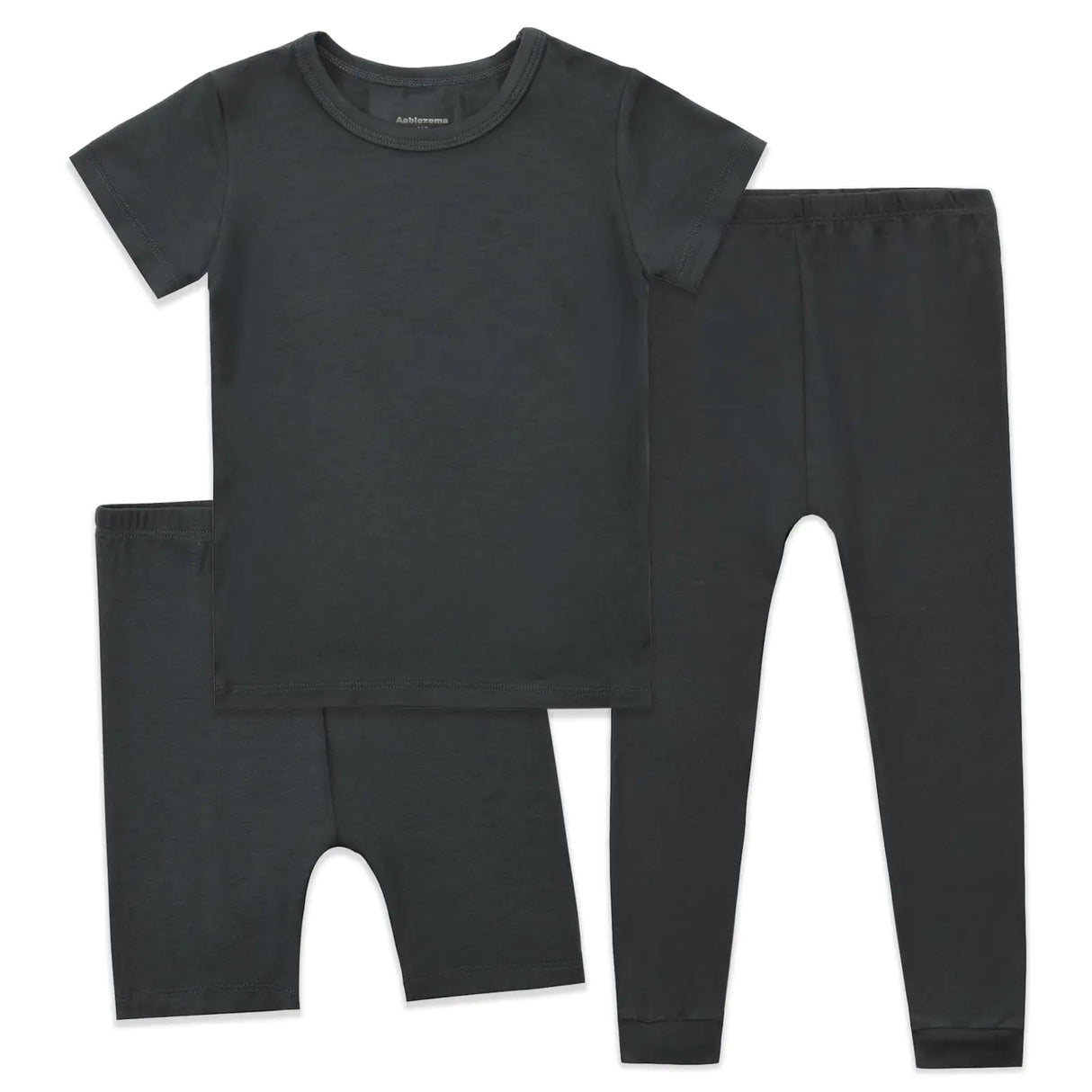 Aablexema Kids Pajamas Set Rayon 3Pcs Unisex Toddler Short Shirt and Pants Set Snug Fit Sleepwear Pjs(Black Grey90/12-24m)