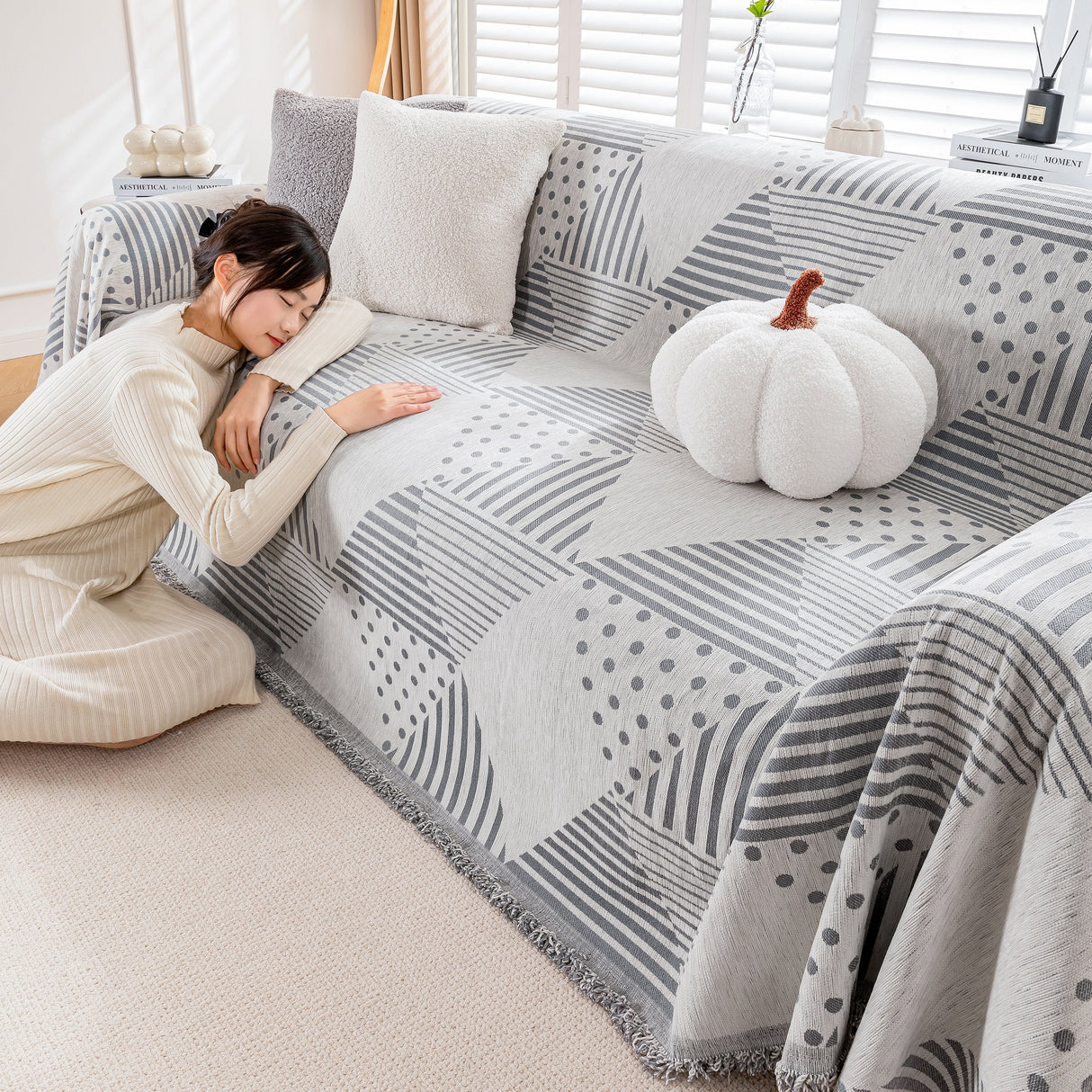 Chenille Geometric Patterned Sofa Throw, Couch Covers for Sectionals for Pets, Throw Cover for Couch